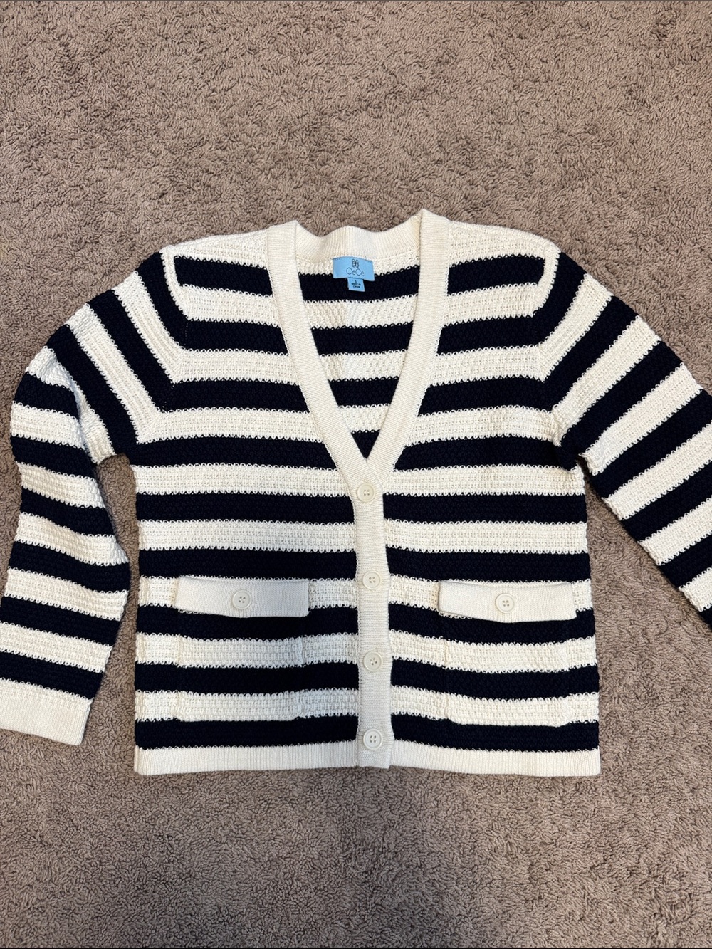Striped Navy and White Button-Front Cardigan Sweater